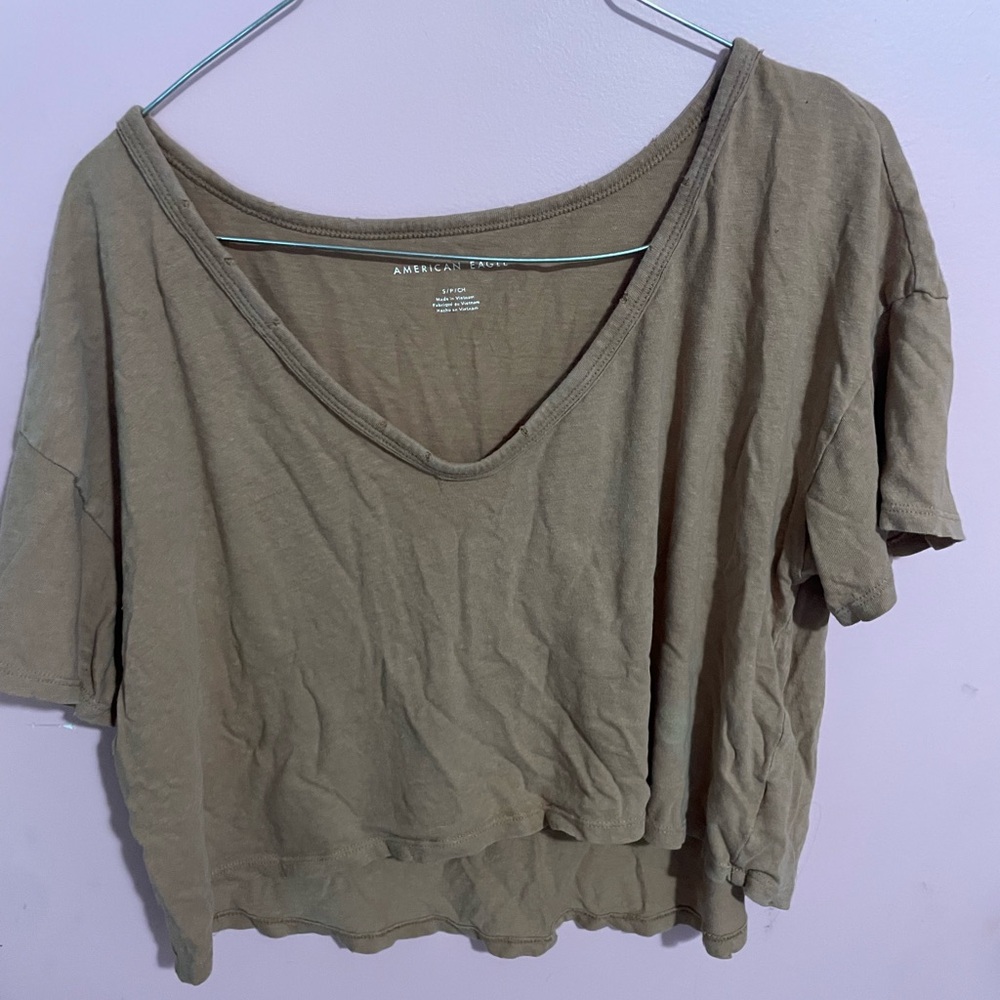 American Eagle Orange/Brown Coloured Cropped Flowy Off the Shoulder Tee Womens
